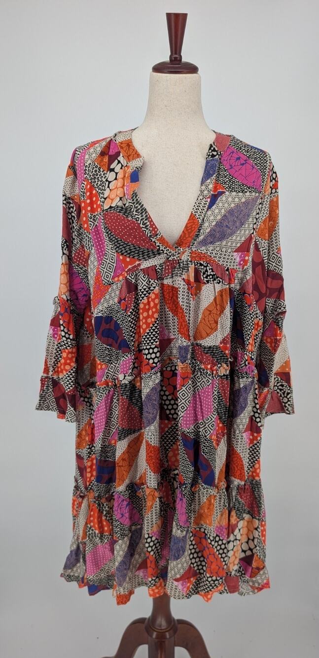 Charlie Paige M Patchwork Print Boho Tiered Tunic Dress Oversized Ruffle Sleeve
